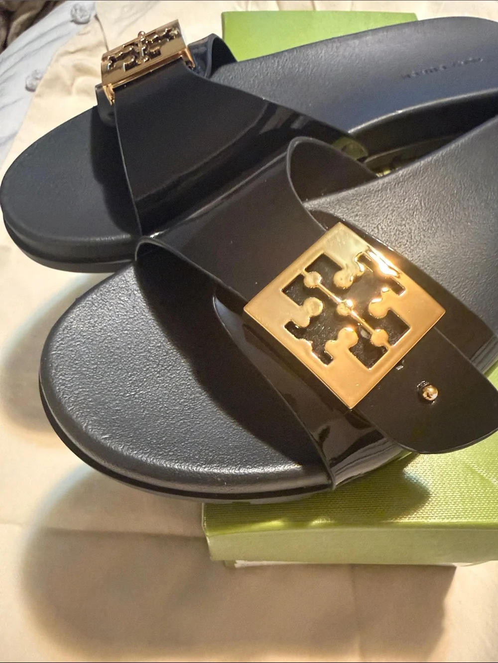 Like New Size 7 Tory Burch Black Buckle Slides with Gold Logo